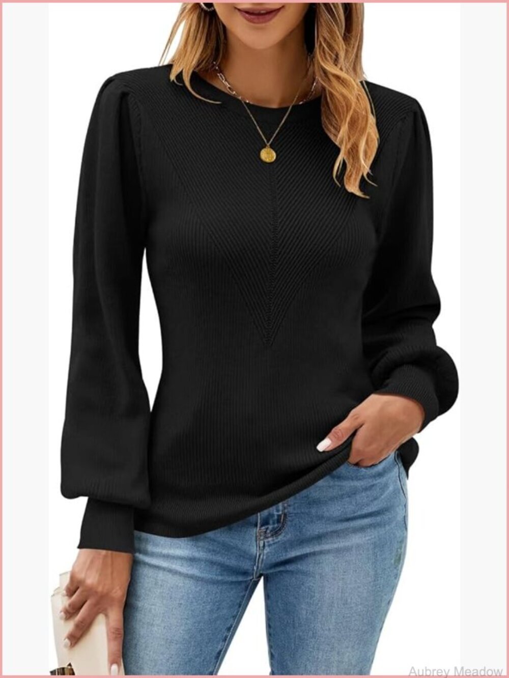 Long Sleeve Ribbed Knit Crewneck Slim Fit Pullover Sweater